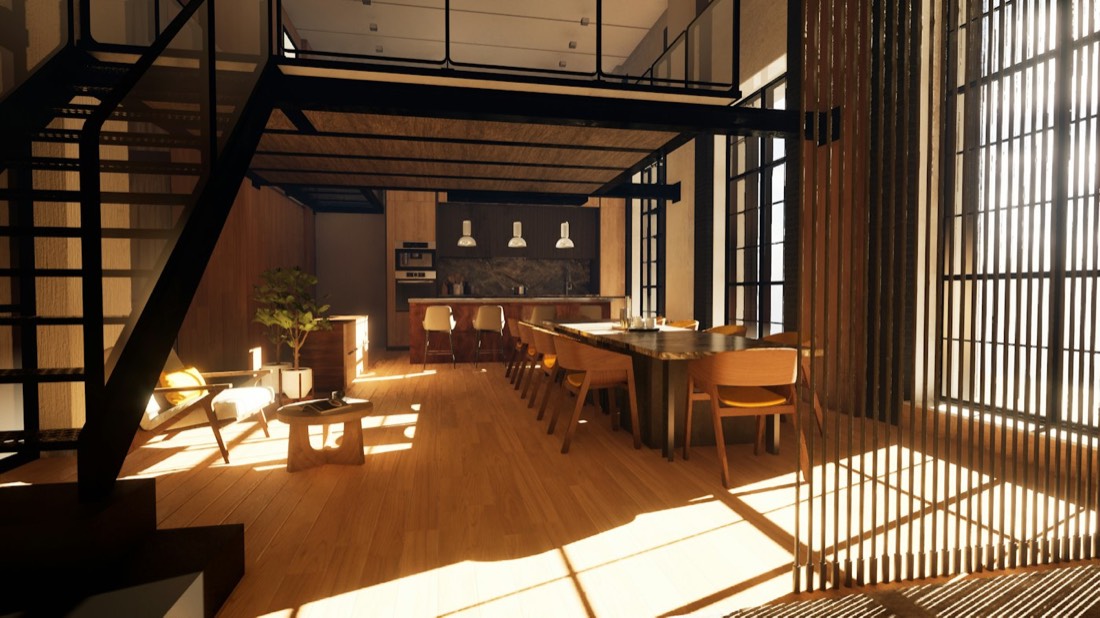 Open-plan loft with a long dining table and tall windows